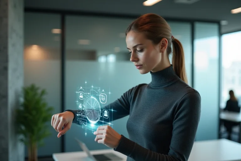 Femme utilisant une interface holographique futuriste dans un bureau technologique moderne en 2024