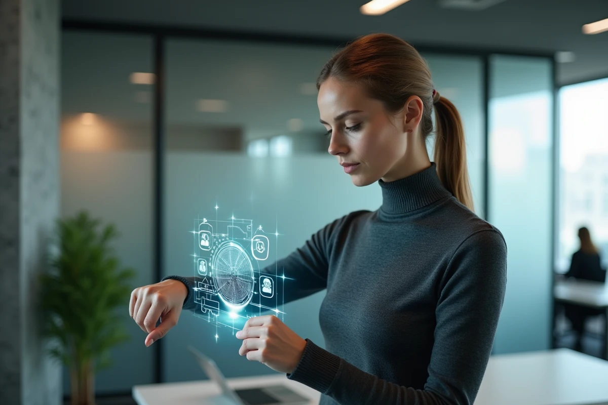 Femme utilisant une interface holographique futuriste dans un bureau technologique moderne en 2024