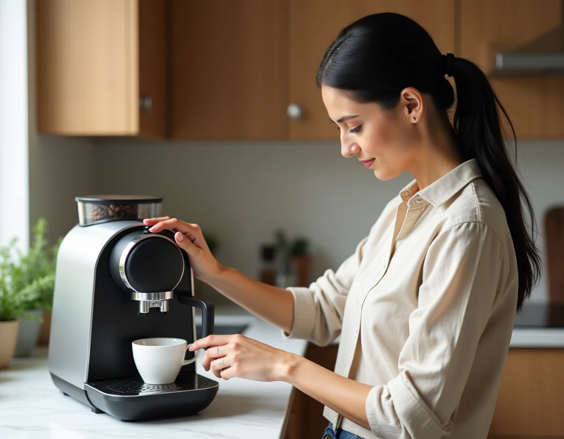 Femme utilisant une machine à café Saeco Picobaristo Deluxe sur un comptoir en marbre blanc dans une cuisine moderne
