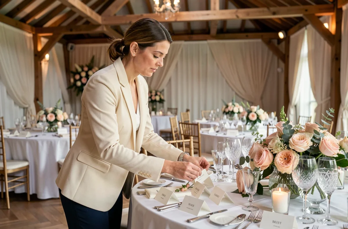 Organisatrice de mariage arrangeant les détails de décoration de table dans une salle de réception élégante
